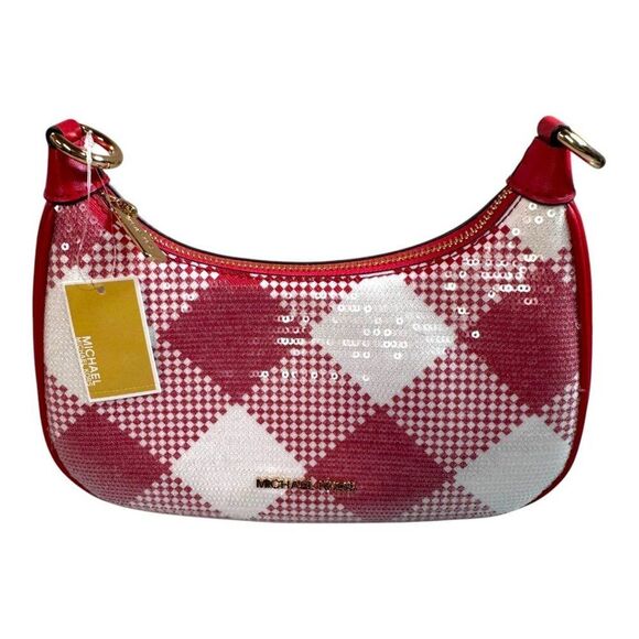 Michael Kors Cora Bright Red Sequin Plaid Medium Zip Pouchette w/ Strap NEW $428 - Picture 1 of 11